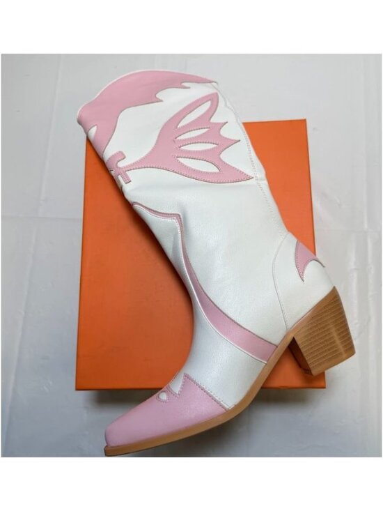 LCQ Shoes - LCQ Womens Western Cowgirl Boots Knee High White & Pink Butterfly Size 7 NEW